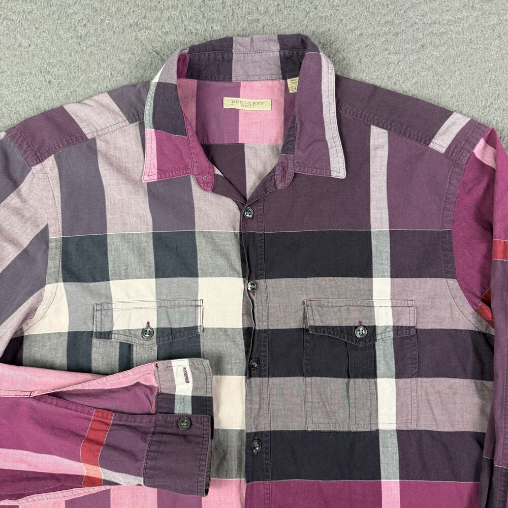 Burberry Brit Shirt Mens L Purple Nova Check Plaid Button Up Pockets Long Sleeve